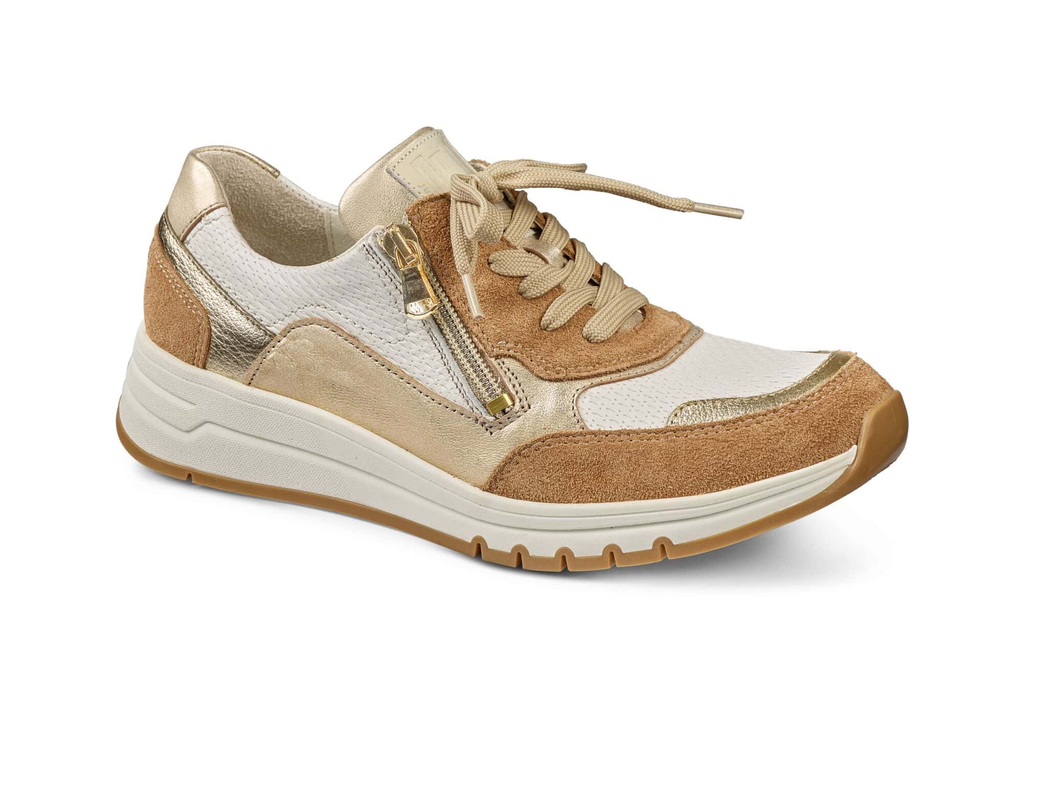 Lågskor för kvinnor i beige och vitt med snörning och dragkedja.