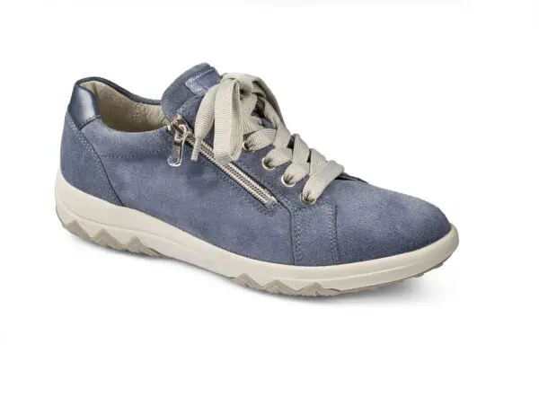 Lågskor för kvinnor i blå mocka med snörning och sidolås, bekväma och stilrena.