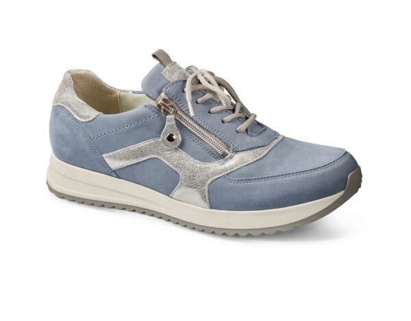 Vandringsskor för kvinnor i blått och grått med snörning och dragkedja.