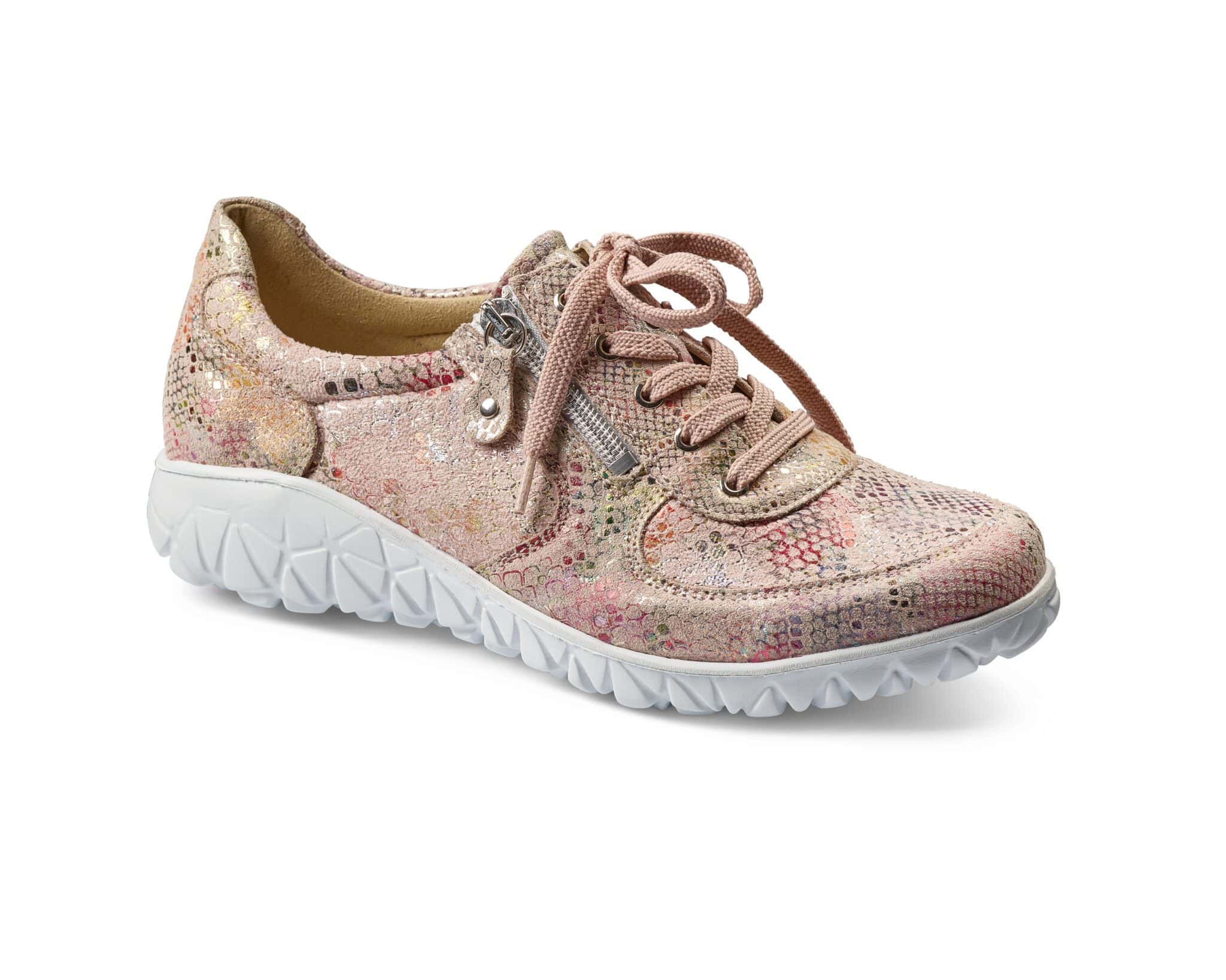 Damvänlig sportskor i rosa med mönster och vita sulor.