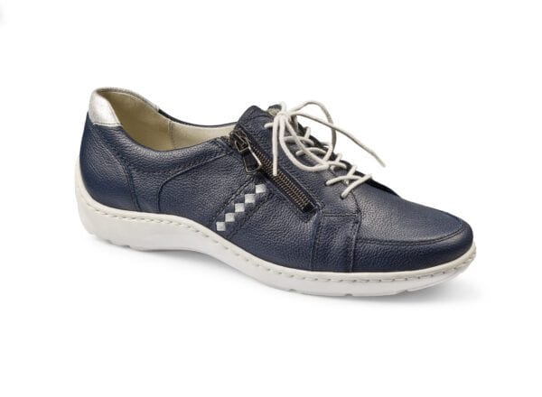 Damvänlig blå skinnsko med snörning och zipp för komfort och stil.