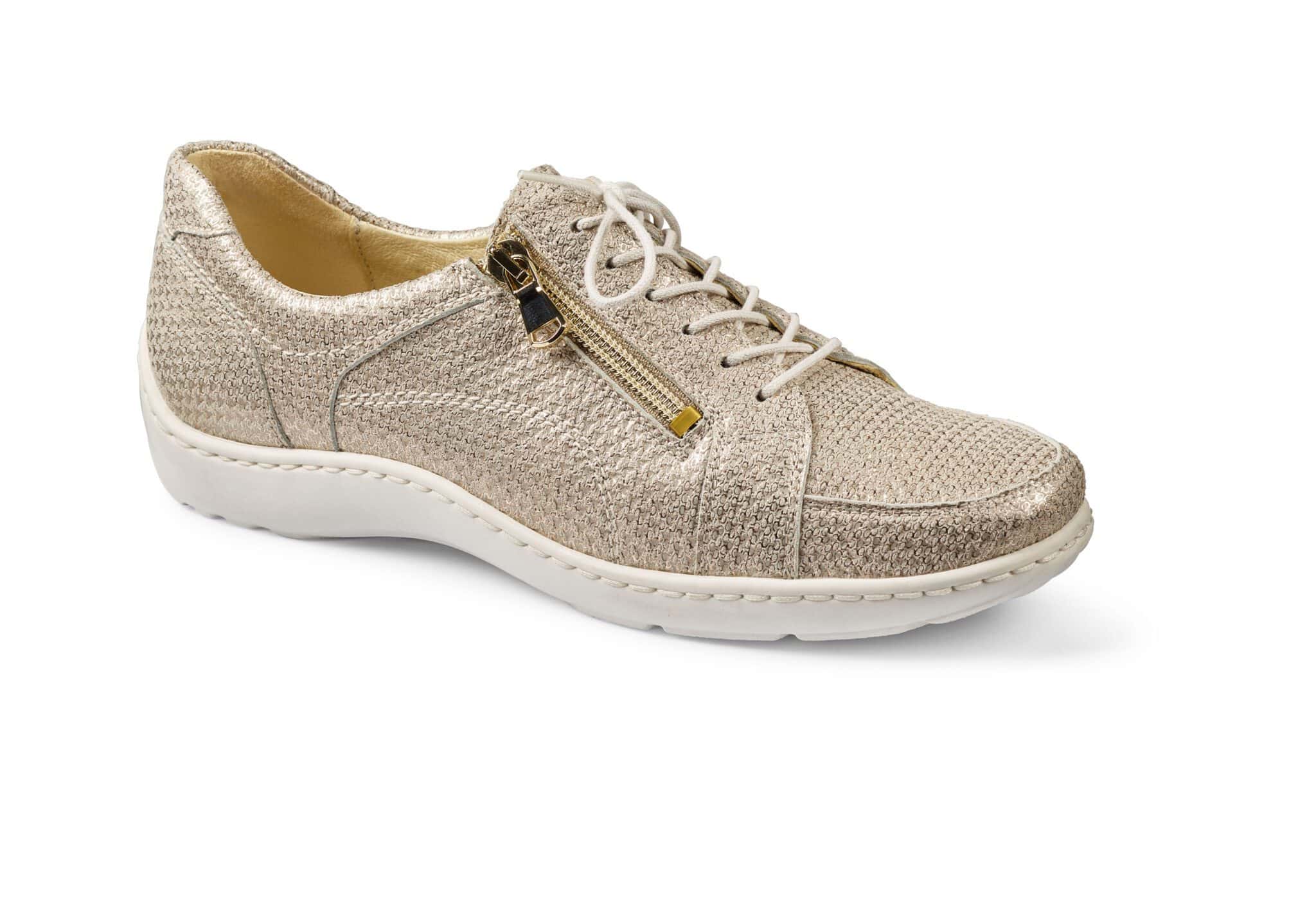 Bekväm dammodell i beige med dragkedja och snörning, lättviktsdesign.