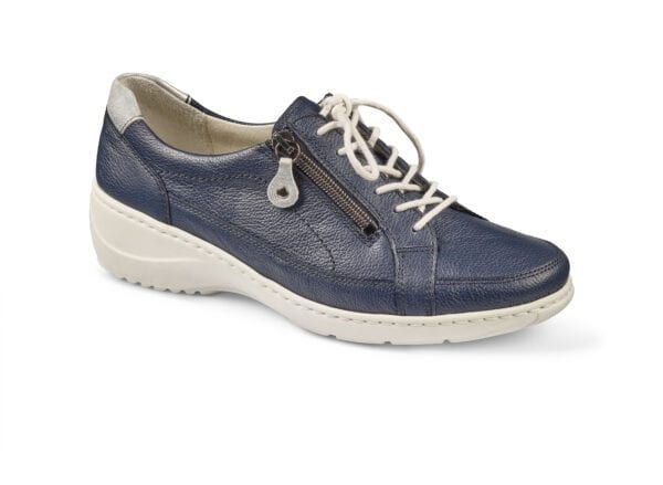 Komfortabel blå dam-sko med snörning och sidoförvaring.