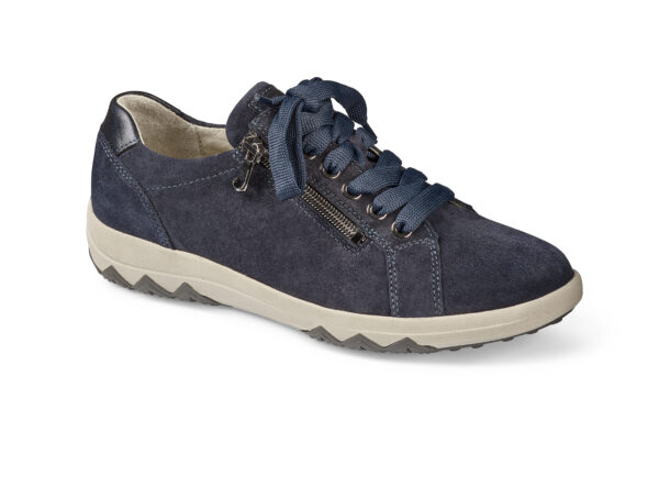 Dam sneakers i mörkblå mocka med snörning och zipp på sidan.