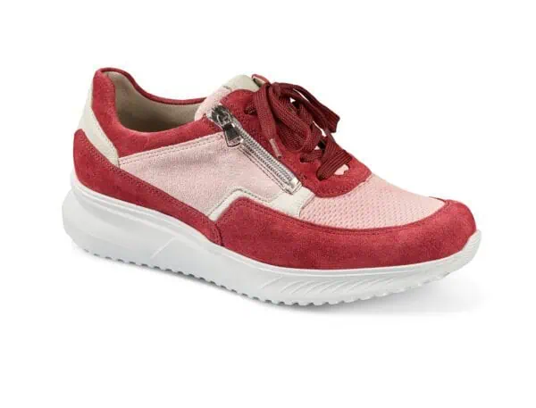 Dam sneakers i rosa och rött med dragkedja och vit sula.