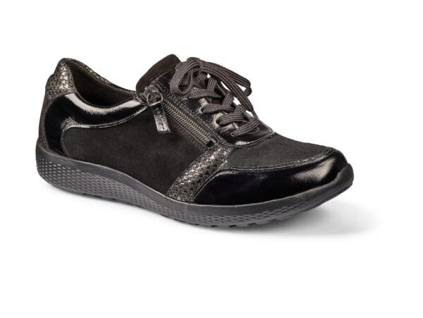 Svart damkänga i skinn med snörning och dragkedja, bekväm och stilren design.