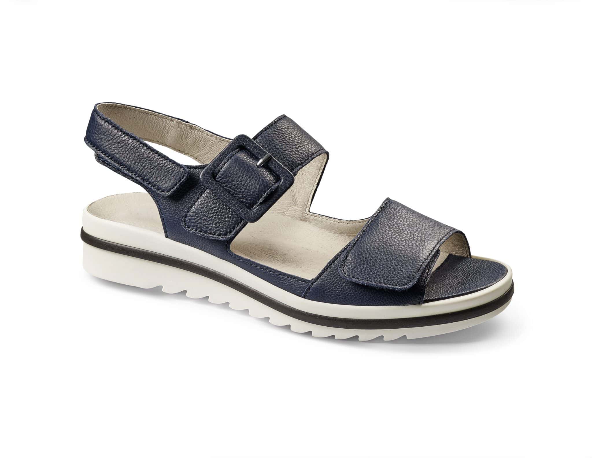 Sandals for women with adjustable straps, navy blue color, and comfortable sole.