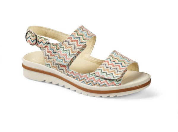 Dam sandal med färgglad zigzag-mönster och justerbar rem.
