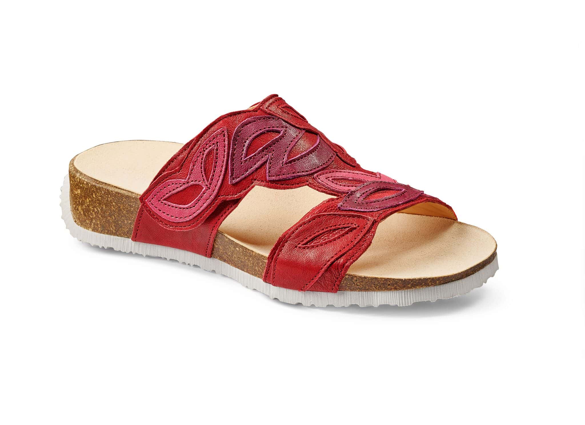 Vård av damtofflor i rött med komfortabel sula och dekorativa band.