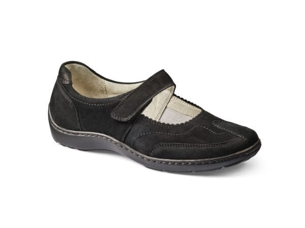 Bekväma damtofflor i svart med justerbar rem för perfekt passform.