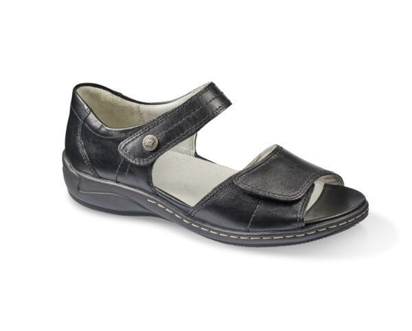 Sandaler i svart läder med justerbar rem och bekväm sula.